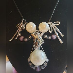 Handmade Cute Unique Necklace With Stone Moon & Faux Pearl Beads & Bow Charms
